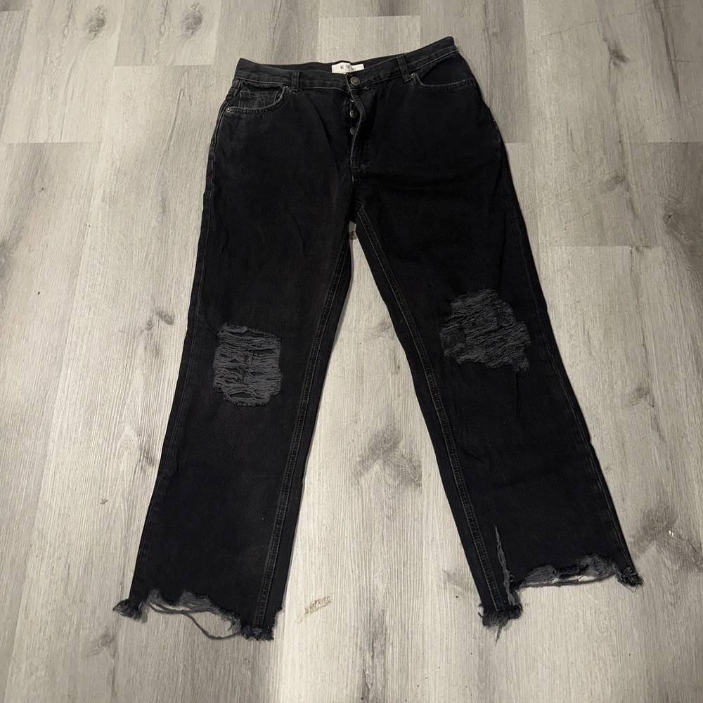 WE‎ THE FREE BLACK DISTRESSED RAW HEM BUTTON FLY JEANS WOMEN'Ssize 28 Straight